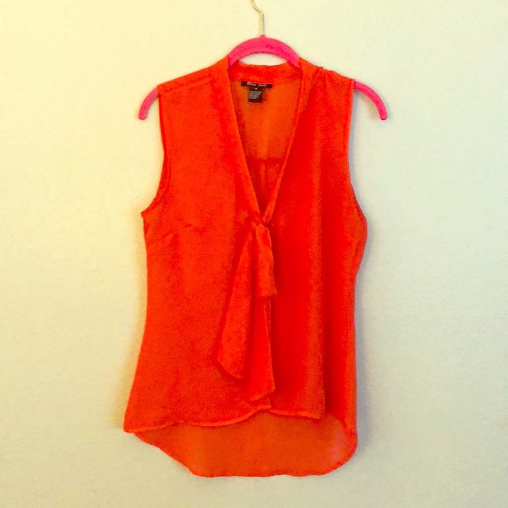 Orange Sleeveless Tie Neck Blouse Size M Polyester